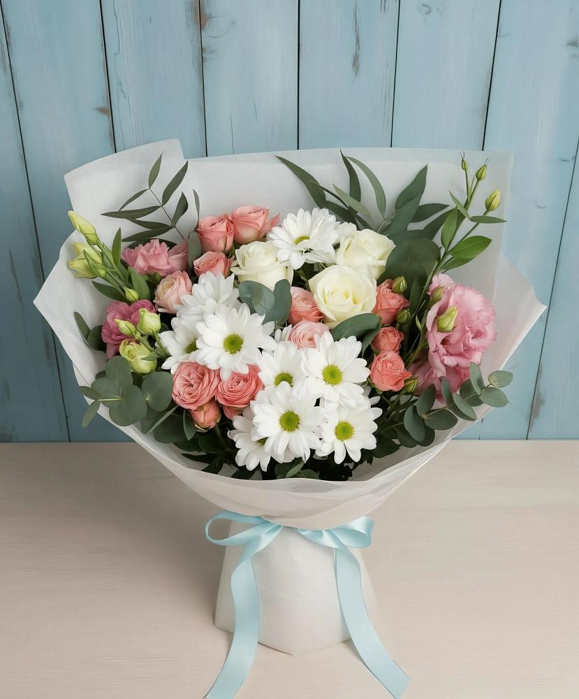Букет цветов из: Розы, Лизиантусы и Хризантемы в Беседы