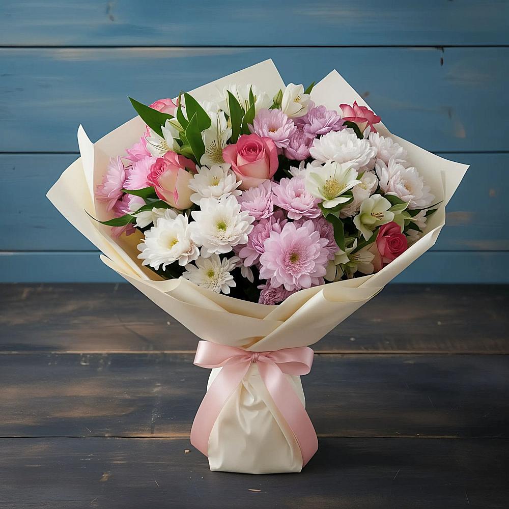 Букет цветов из: Хризантемы, Альстромерии и Розы в Беседы